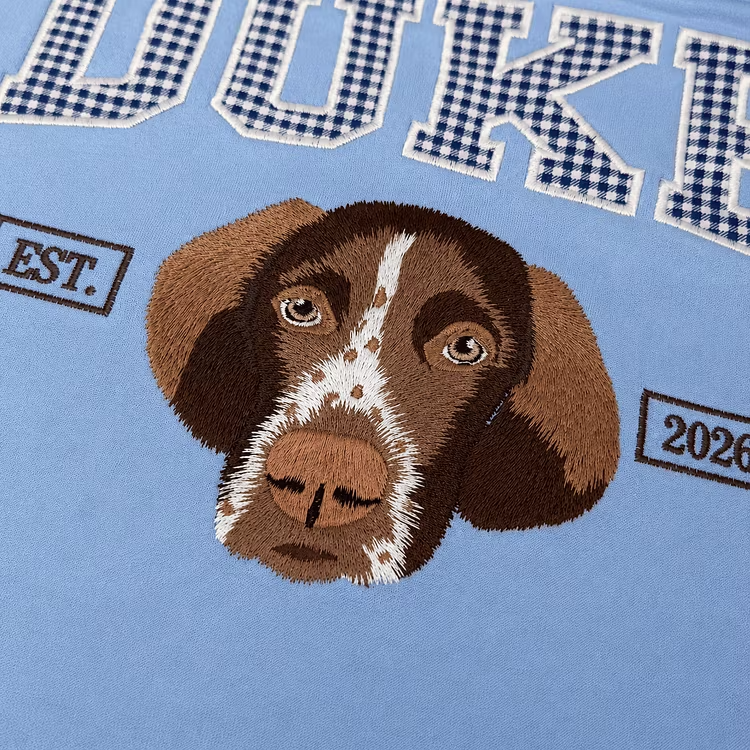 Custom Pet Portrait Embroidered Sweatshirt with Gingham Appliqué Name, Embroidered Dog Varsity Crewneck
