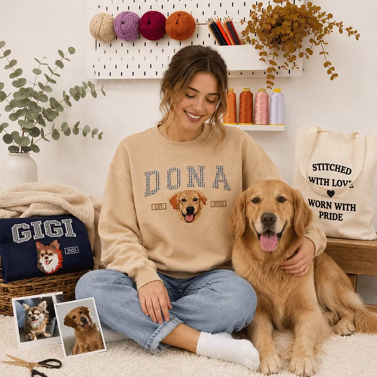 Custom Pet Portrait Embroidered Sweatshirt with Gingham Appliqué Name, Embroidered Dog Varsity Crewneck