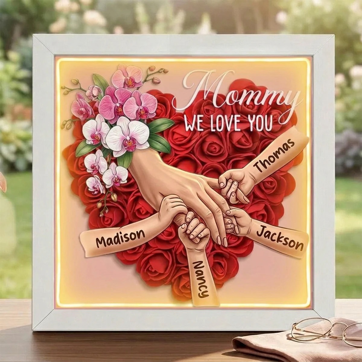Forlovever™ Orchid-Custom Mom Holding Hands Shadow Box-Mother's Day Remembrance Frame, In Loving Memory Gift