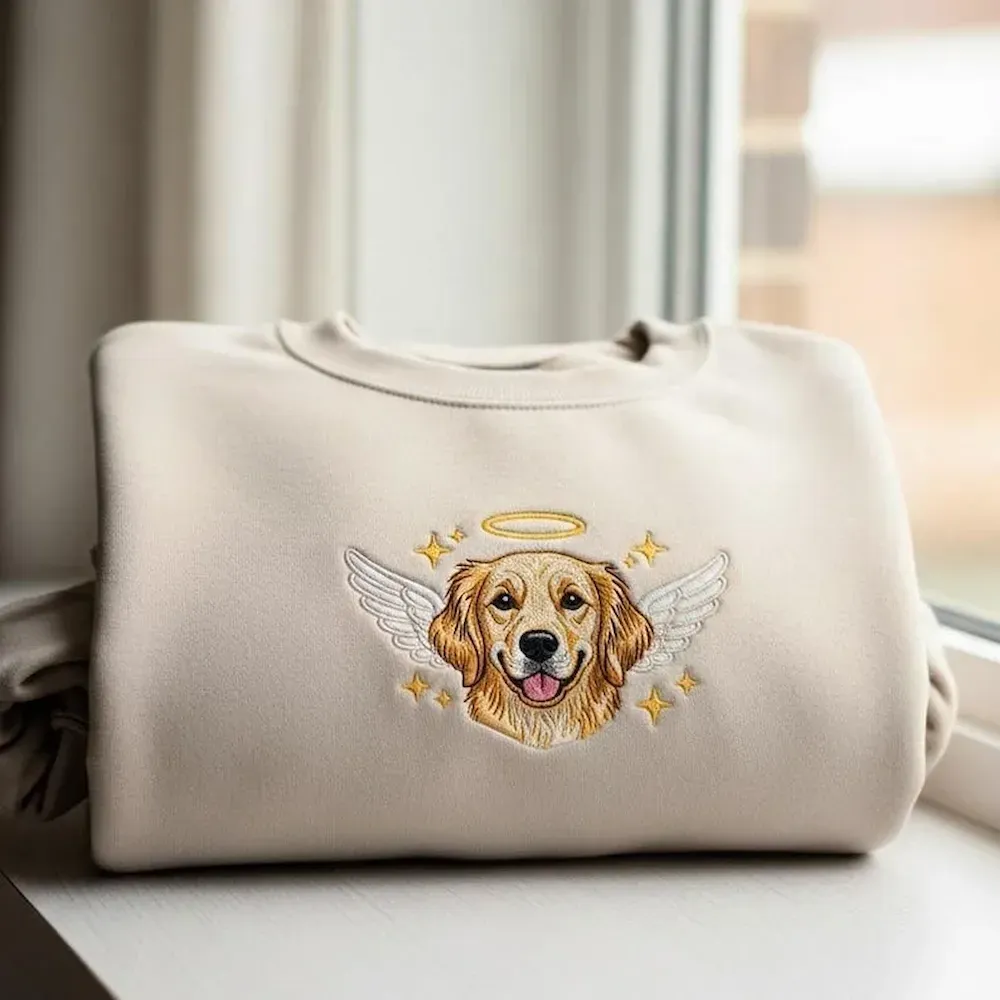Custom Angel Pet Photo Star Full Color Embroidery Sweatshirt, Hoodie, T-Shirt