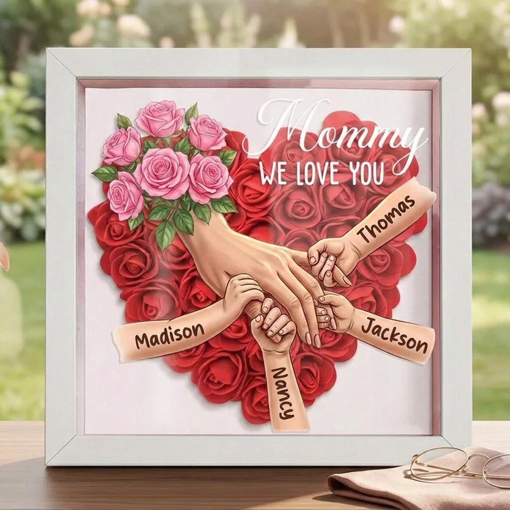 Forlovever™ Pink Rose Personalized Mom Holding Hands Shadow Box – Custom Name Remembrance Frame, Mother’s Day In Loving Memory Gift