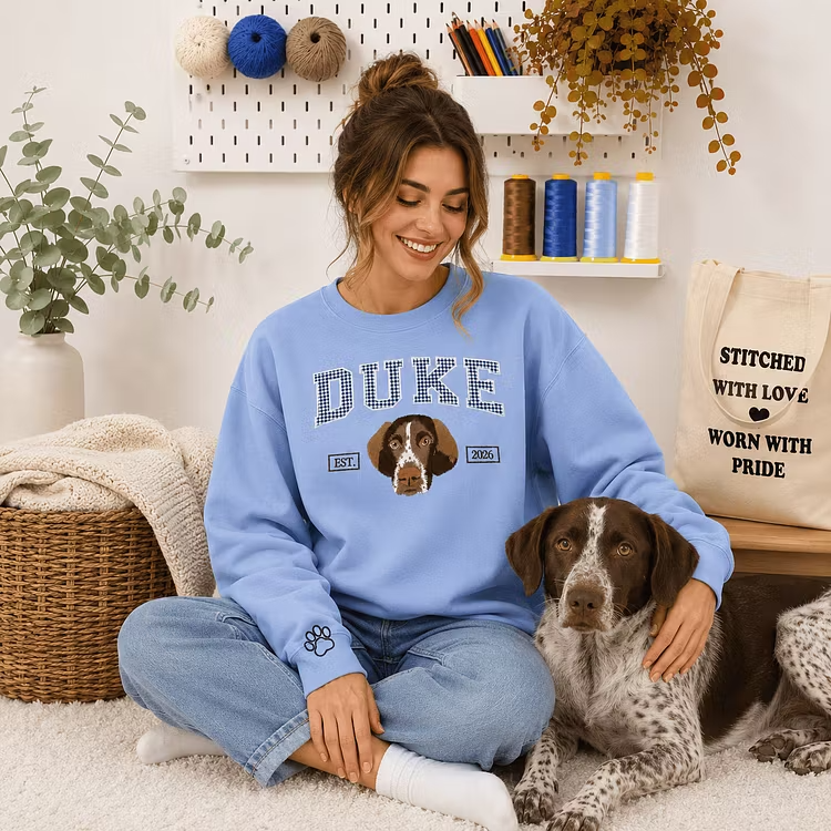 Custom Pet Portrait Embroidered Sweatshirt with Gingham Appliqué Name, Embroidered Dog Varsity Crewneck