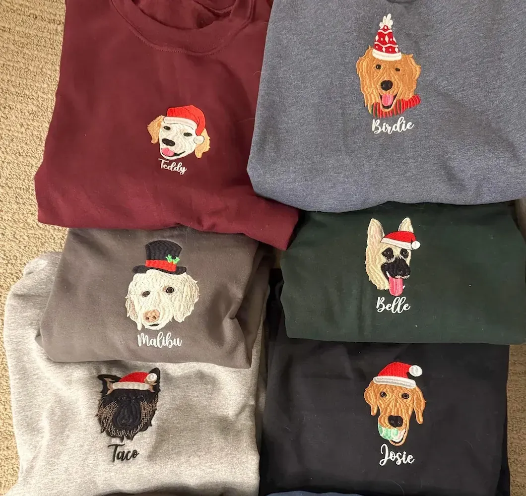 Custom Pet Photo Christmas Decorations Full-Color Embroidery Sweatshirt, Hoodie, T-Shirt