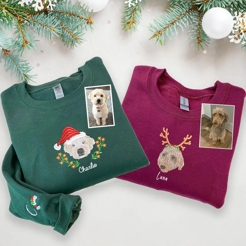 Custom Pet Photo Christmas Decorations Full-Color Embroidery Sweatshirt, Hoodie, T-Shirt