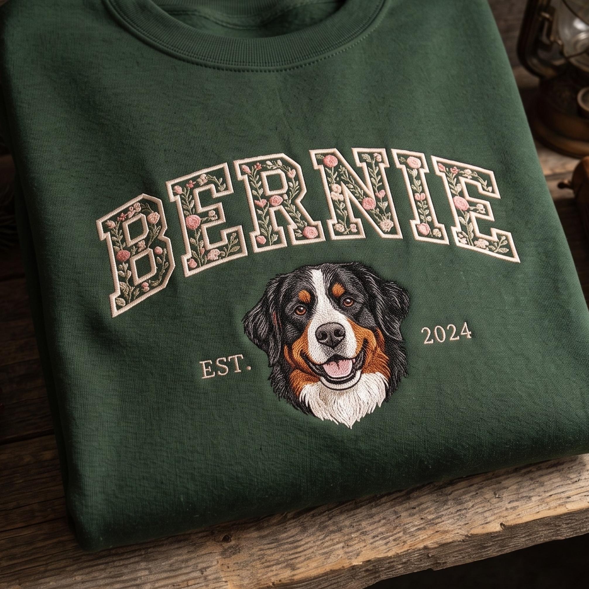 Custom Pet Portrait Embroidered Sweatshirt with Flower Design – Personalized Dog & Cat Crewneck