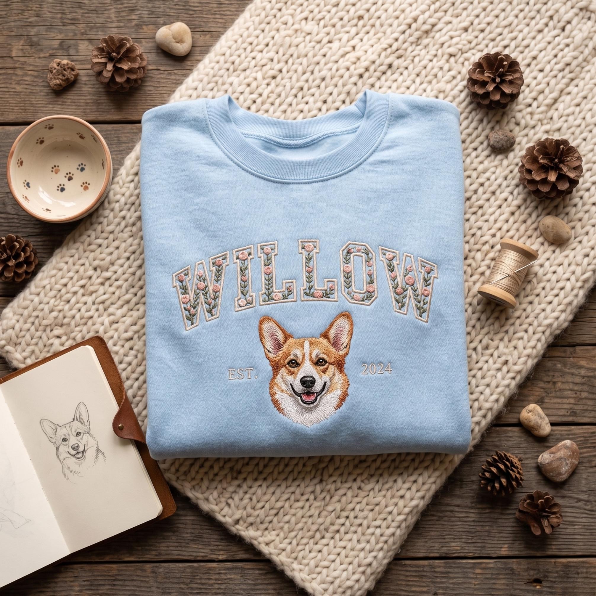Custom Pet Portrait Embroidered Sweatshirt with Flower Design – Personalized Dog & Cat Crewneck