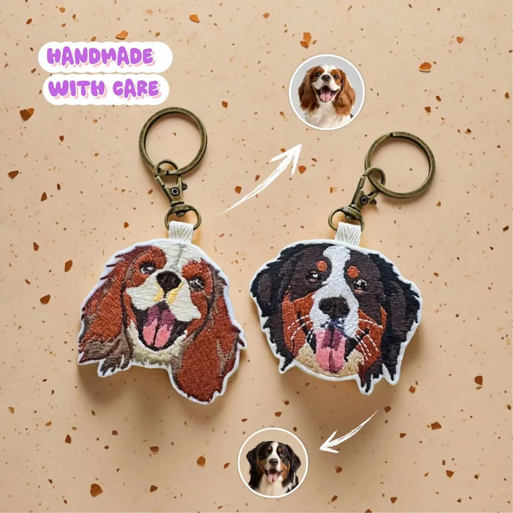 Custom Pet Embroidery Key Tag, Personalized Pet Embroidered Bag Charm, Pet Lover Embroidery Summer Bag Tag, Personalized Pet Gifts Keychain
