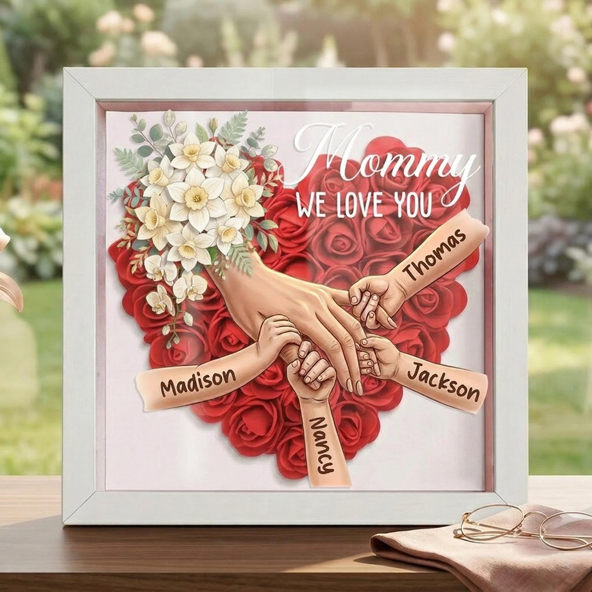 Forlovever™ Daffodil-Custom Mom Holding Hands Shadow Box-Mother's Day Remembrance Frame, In Loving Memory Gift