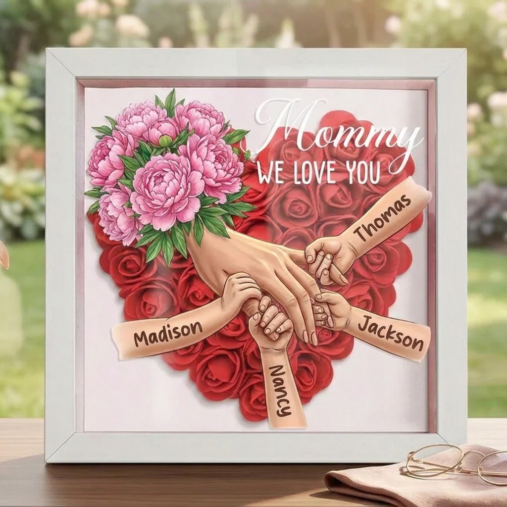 Forlovever™ Peony-Custom Mom Holding Hands Shadow Box-Mother's Day Remembrance Frame, In Loving Memory Gift