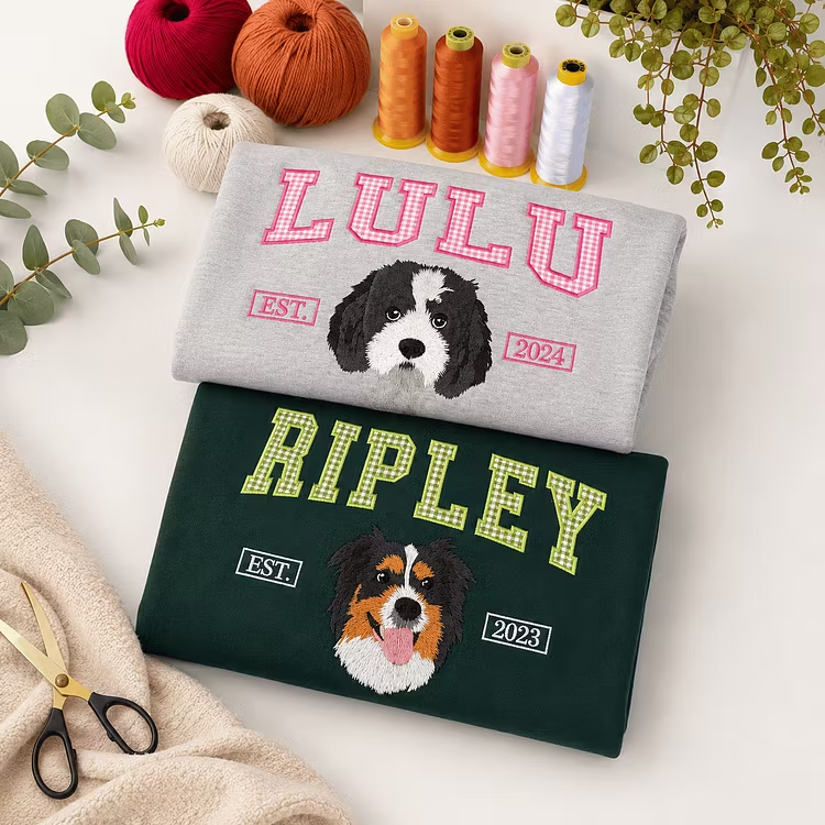 Custom Pet Portrait Embroidered Sweatshirt with Gingham Appliqué Name, Embroidered Dog Varsity Crewneck