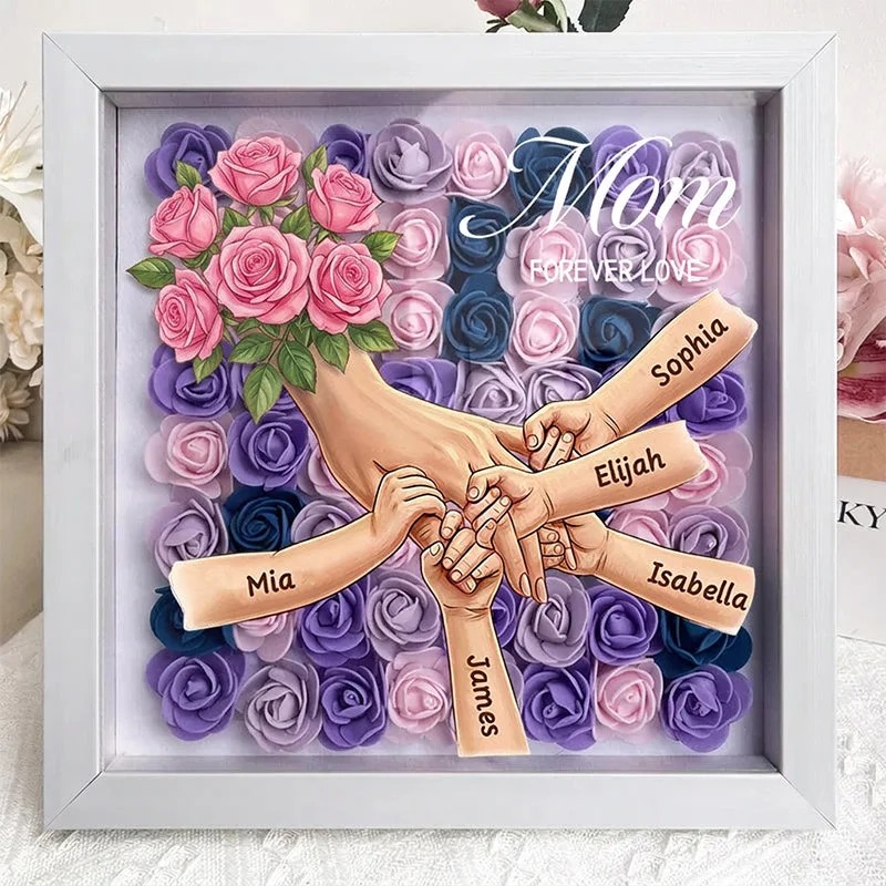 Forlovever™ Pink Rose Personalized Mom Holding Hands Shadow Box – Custom Name Remembrance Frame, Mother’s Day In Loving Memory Gift