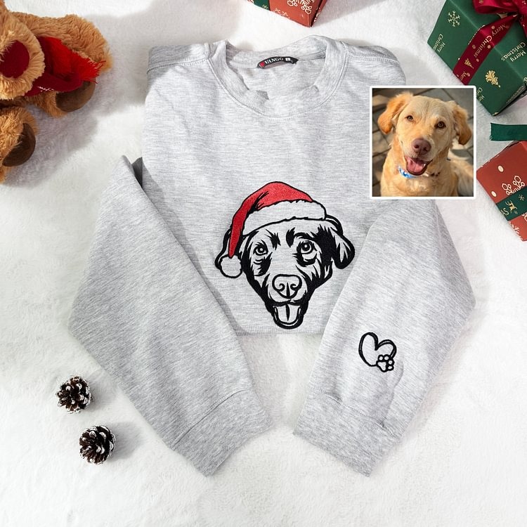 Custom Pet Face Embroidered Hoodie or Sweatshirt with Colorful Santa Hat , Christmas & Memorial Gift