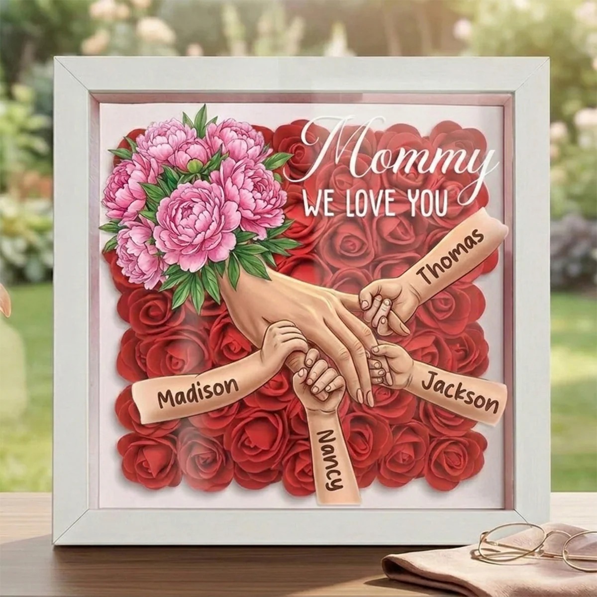 Forlovever™ Peony-Custom Mom Holding Hands Shadow Box-Mother's Day Remembrance Frame, In Loving Memory Gift