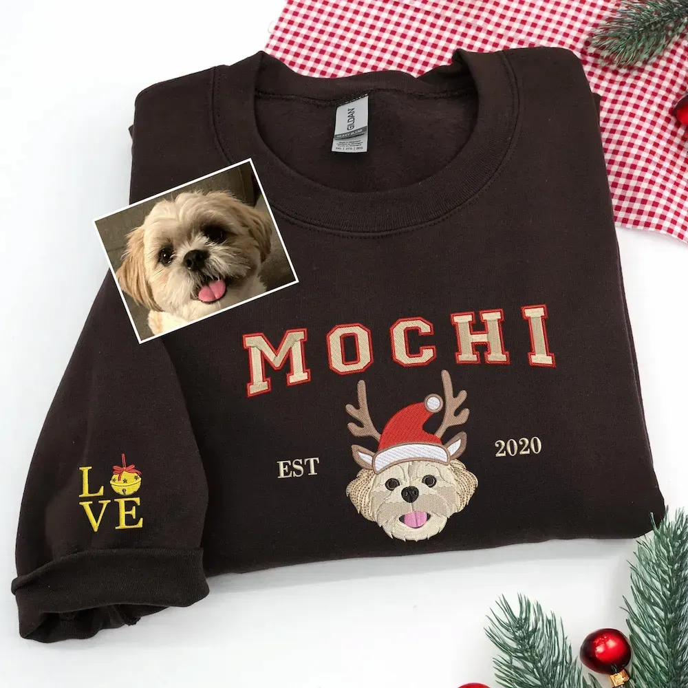 Customized Christmas Preppy-Style Embroidered Pet Portrait Sweatshirt, Hoodie, T-Shirt