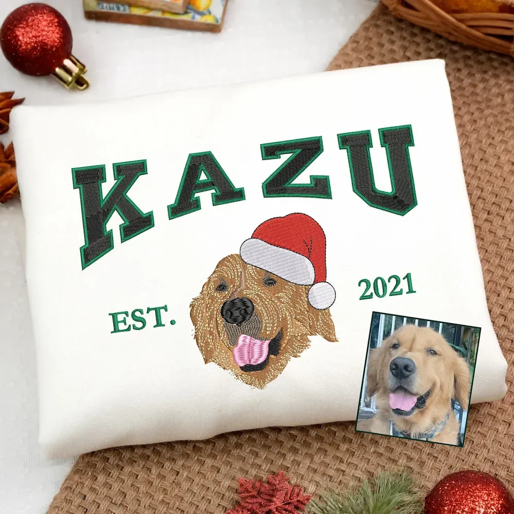 Customized Christmas Preppy-Style Embroidered Pet Portrait Sweatshirt, Hoodie, T-Shirt