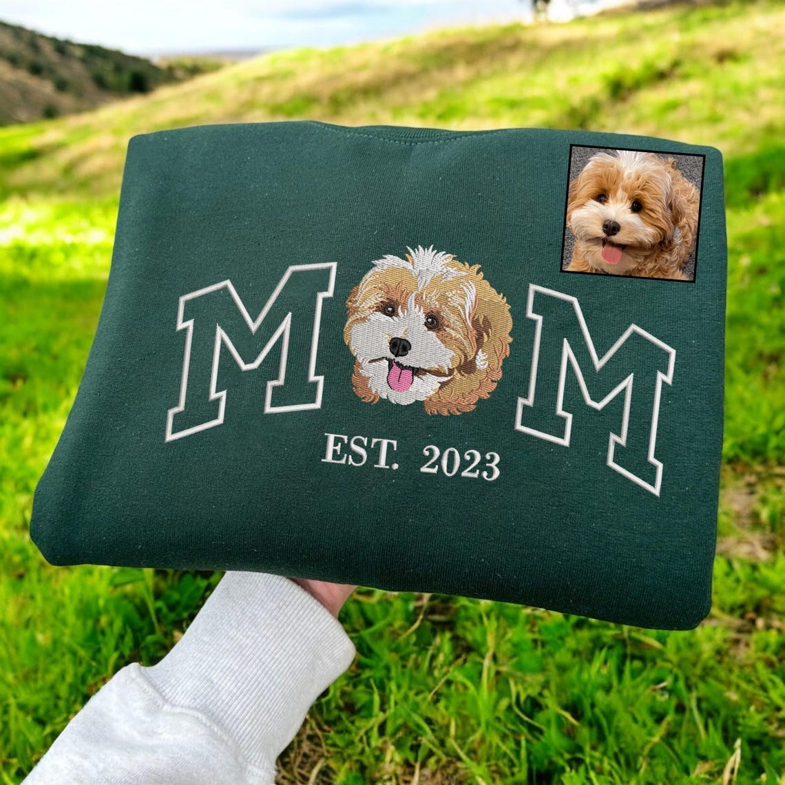 Personalized Embroidered Dog Mom EST Sweatshirt with Pet Face Gift for Dog Lovers