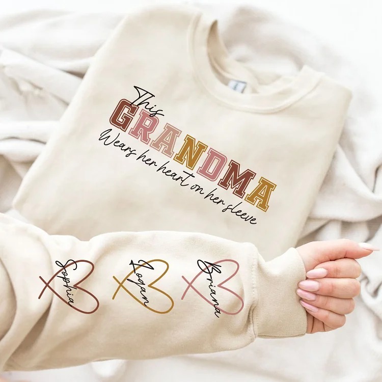 Printed Personalized Heart On Sleeve Sweatshirt | Meaningful Gift For Mama & Grandma