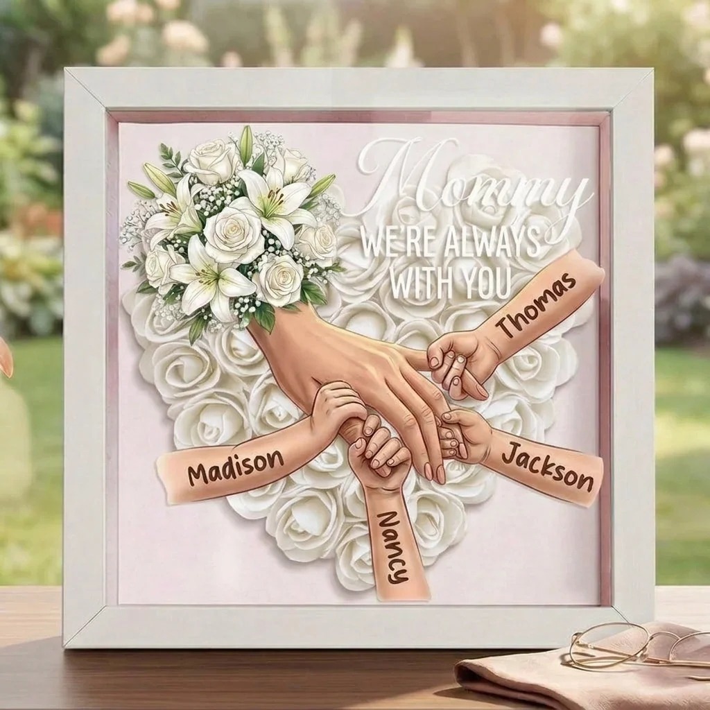 Forlovever™ “We’re Always With You” Personalized Memorial Shadow Box – Custom Mom Holding Hands Frame, Mother’s Day Remembrance Gift
