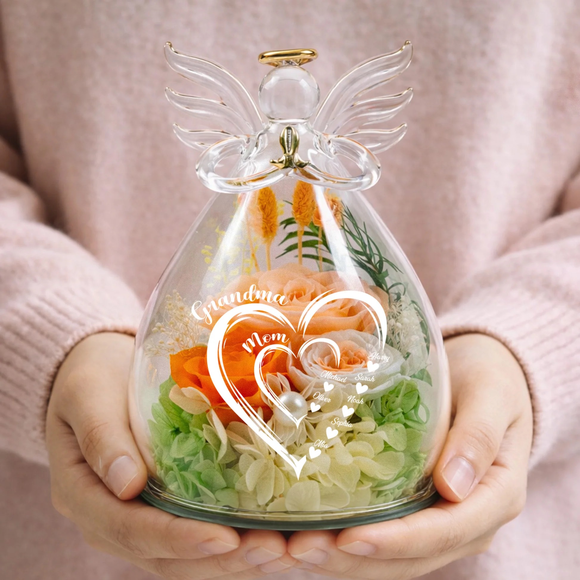 Mom Grandma Hearts Custom Kids' Names Personalized Flower In Angel Figurines-Mother's Day Gift