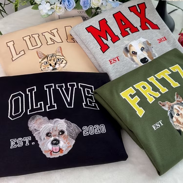 Custom Embroidered Sweatshirt with Dog/Cat Face Varsity from Photo- Personalized Pet Portrait Hoodie-Varsity Colorful Design