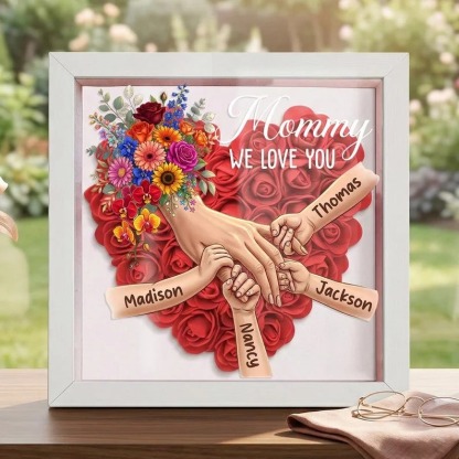 Forlovever™ Personalized Mommy Holding Hands Shadow Box – Custom Kids Names Floral Heart Frame Gift for Mom & Grandma | Mother’s Day Gift