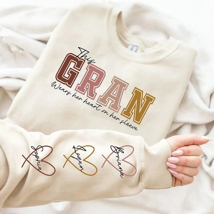 Printed Personalized Heart On Sleeve Sweatshirt | Meaningful Gift For Mama & Grandma