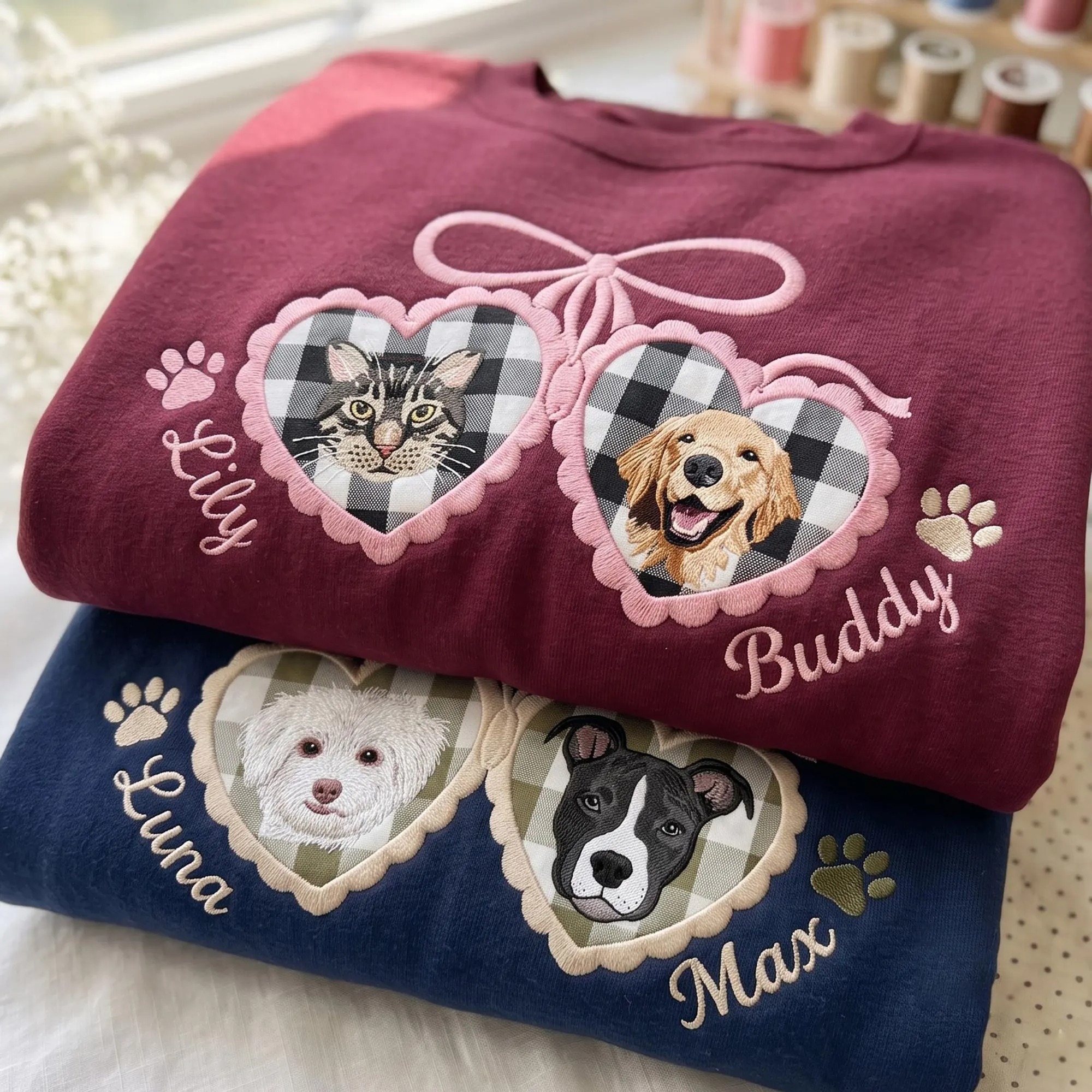Custom Pet Portrait Applique Embroidered Sweatshirt, Personalized Locket Heart Coquette Shirt