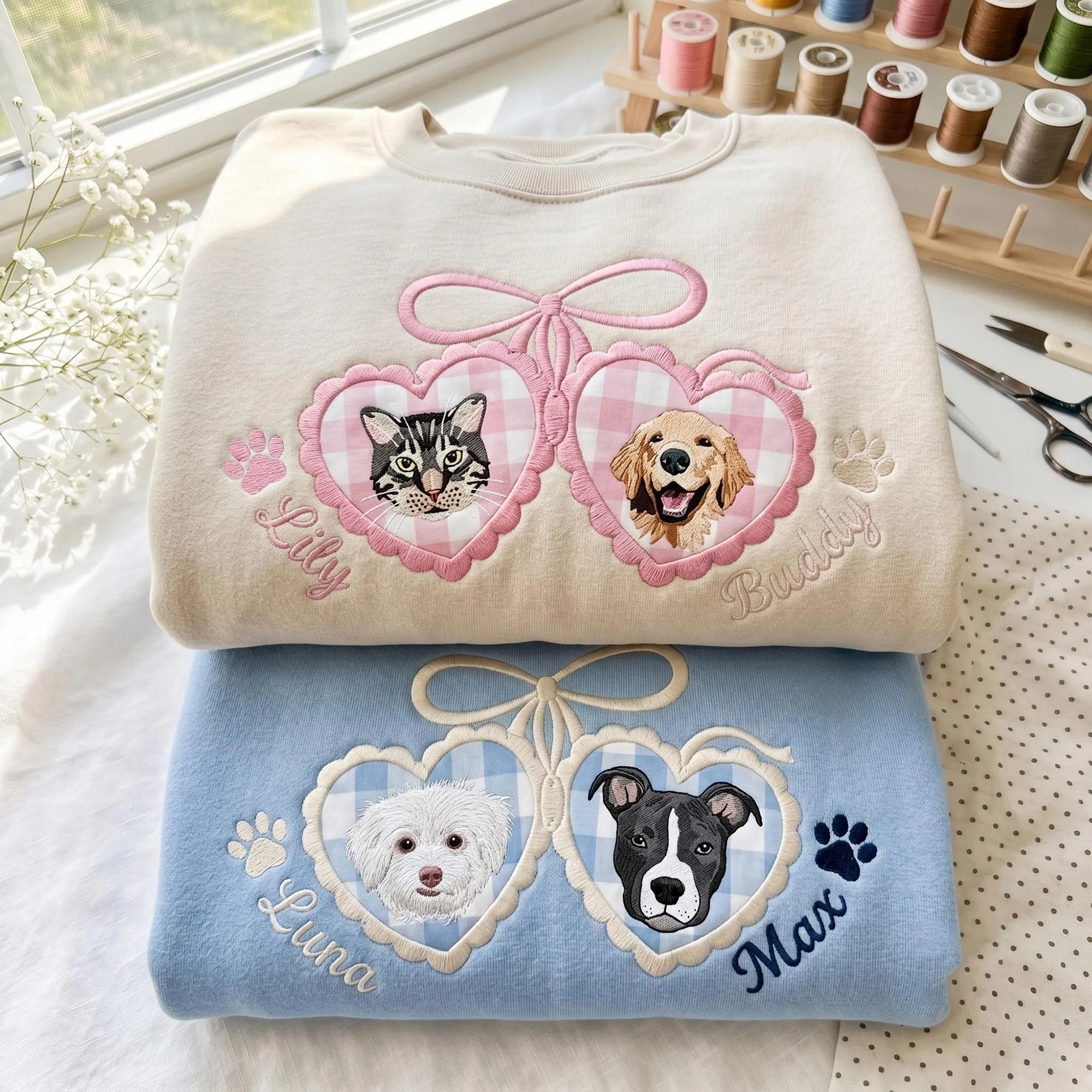 Custom Pet Portrait Applique Embroidered Sweatshirt, Personalized Locket Heart Coquette Shirt