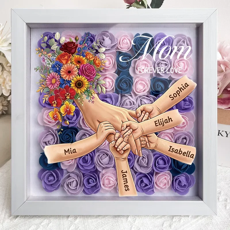 Forlovever™ Personalized Mommy Holding Hands Shadow Box – Custom Kids Names Floral Heart Frame Gift for Mom & Grandma | Mother’s Day Gift