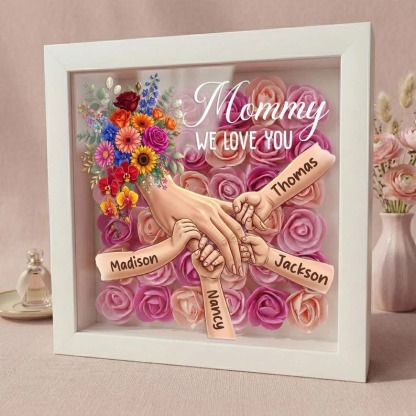 Forlovever™ Personalized Mommy Holding Hands Shadow Box – Custom Kids Names Floral Heart Frame Gift for Mom & Grandma | Mother’s Day Gift
