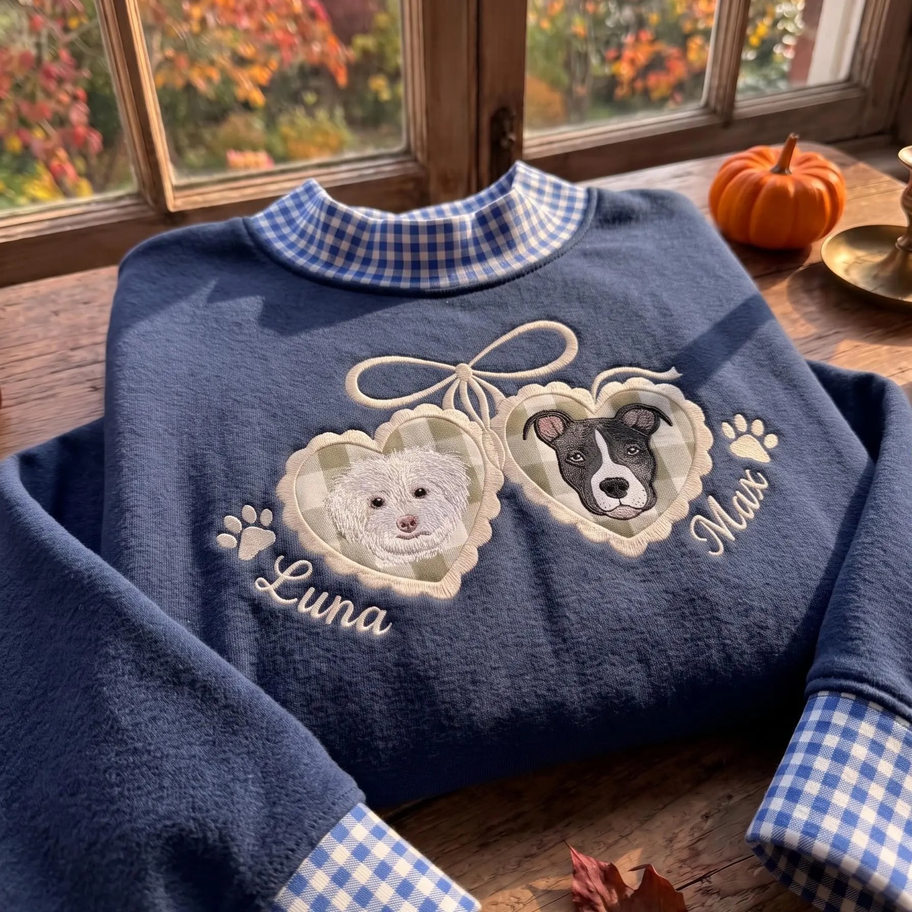 Custom Pet Gingham Mock Neck Sweatshirts, Custom Dog Portrait Embroidered Crewneck