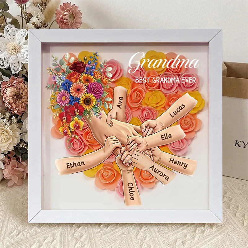 Forlovever™ Personalized Mommy Holding Hands Shadow Box – Custom Kids Names Floral Heart Frame Gift for Mom & Grandma | Mother’s Day Gift