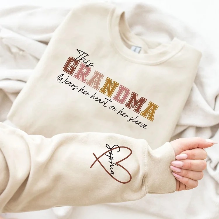 Printed Personalized Heart On Sleeve Sweatshirt | Meaningful Gift For Mama & Grandma