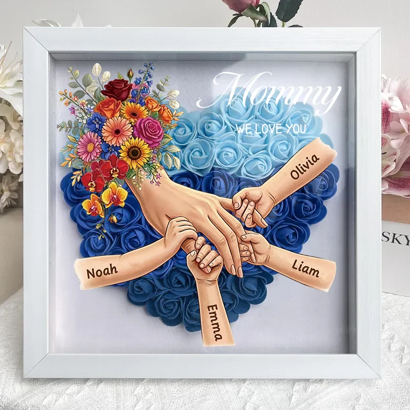 Forlovever™ Personalized Mommy Holding Hands Shadow Box – Custom Kids Names Floral Heart Frame Gift for Mom & Grandma | Mother’s Day Gift