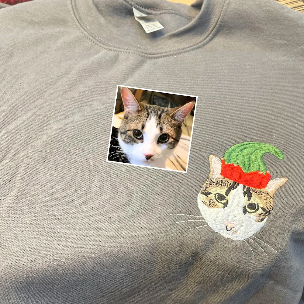 Custom Pet Photo Christmas Decorations Full-Color Embroidery Sweatshirt, Hoodie, T-Shirt