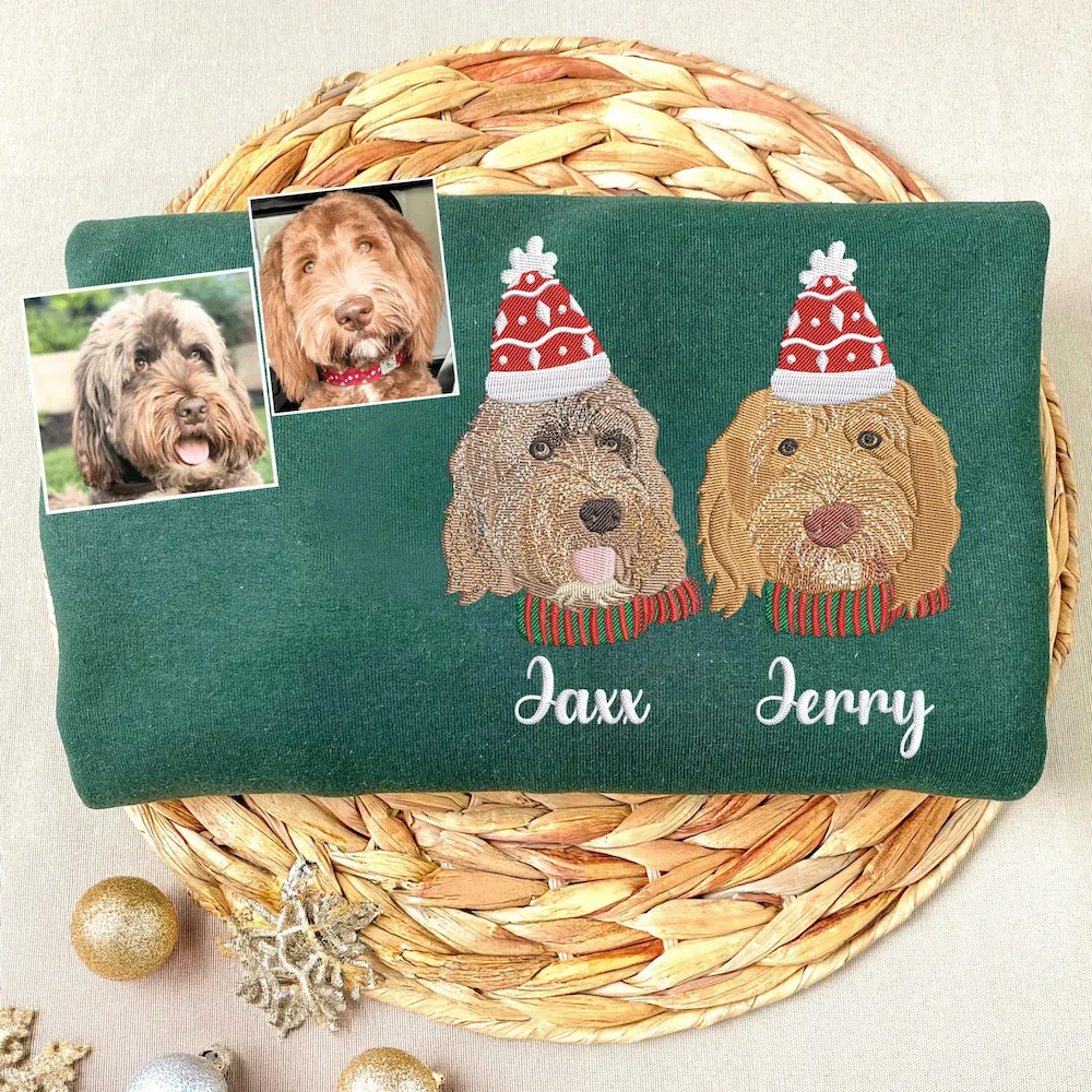 Custom Pet Photo Christmas Decorations Full-Color Embroidery Sweatshirt, Hoodie, T-Shirt