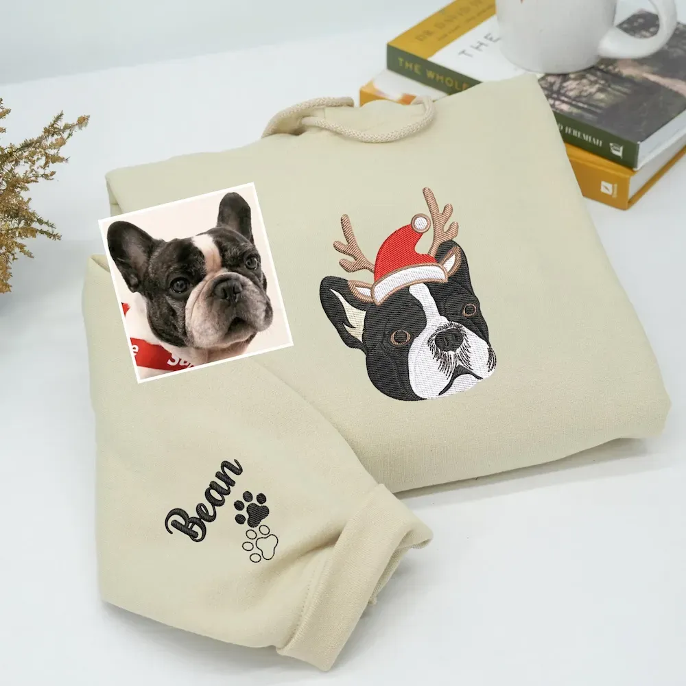 Custom Pet Photo Christmas Decorations Full-Color Embroidery Sweatshirt, Hoodie, T-Shirt