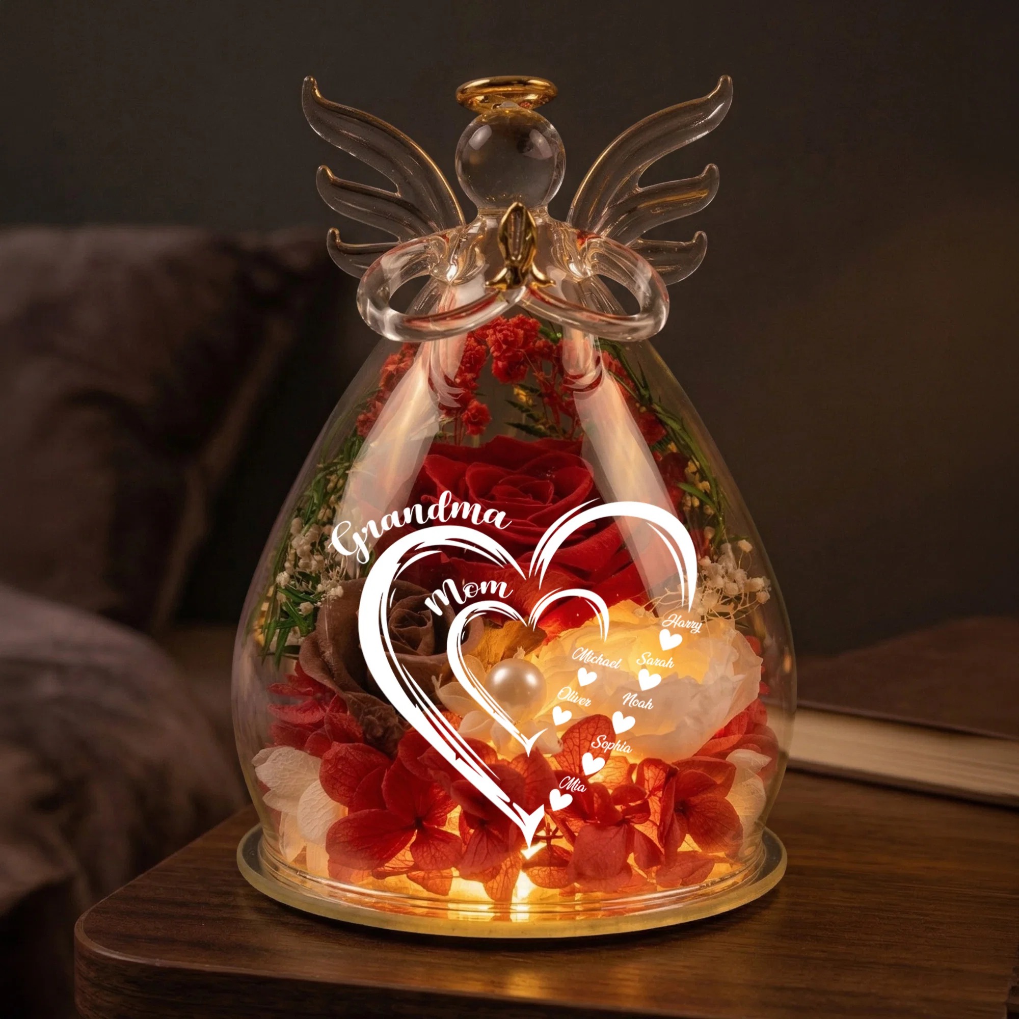Mom Grandma Hearts Custom Kids' Names Personalized Flower In Angel Figurines-Mother's Day Gift