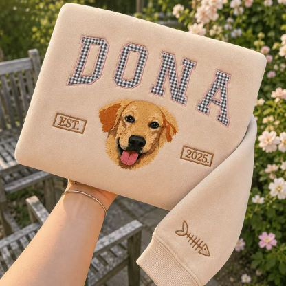 Custom Pet Portrait Embroidered Sweatshirt with Gingham Appliqué Name, Embroidered Dog Varsity Crewneck