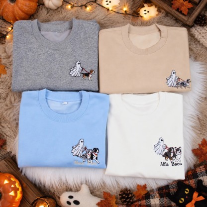Custom Pet Ghost Walking Embroidered Halloween Shirt, Funny Spooky Pet Lover Gift
