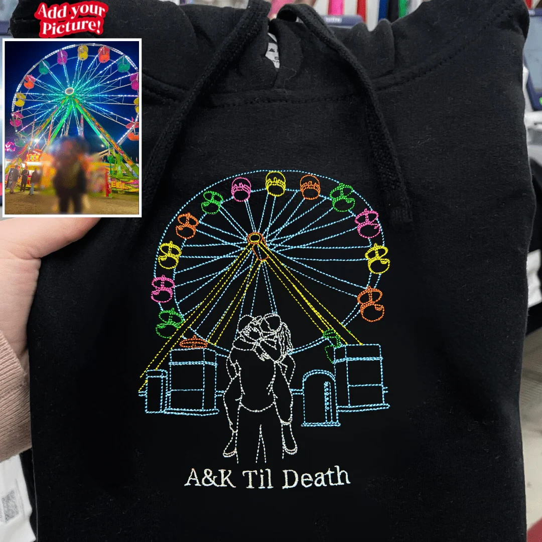 Custom Couple Photos With Background Outline Embroidered Sweatshirt/Hoodie