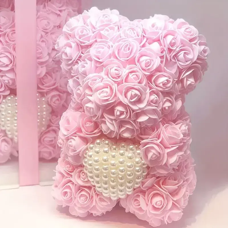 Rose Teddy Bear With Pearl (Handmade Rose, Preserved Forever)