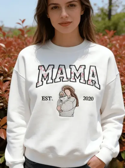 Mama Sweatshirt Floral Embroidered Portrait Custom Sleeve Name Mothers Day Gift for Mom