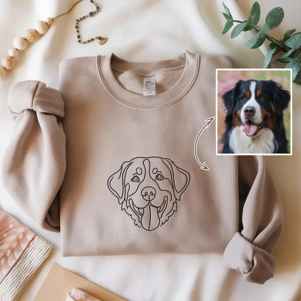 Custom One-line Style Pet Face Embroidered Adult and kid T-shirt,Hoodie,Sweatshirt