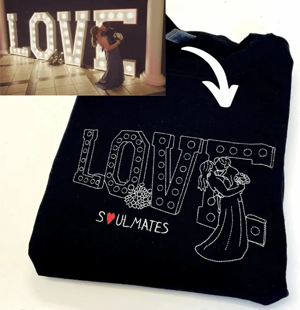 Custom Couple Photos With Background Outline Embroidered Sweatshirt/Hoodie