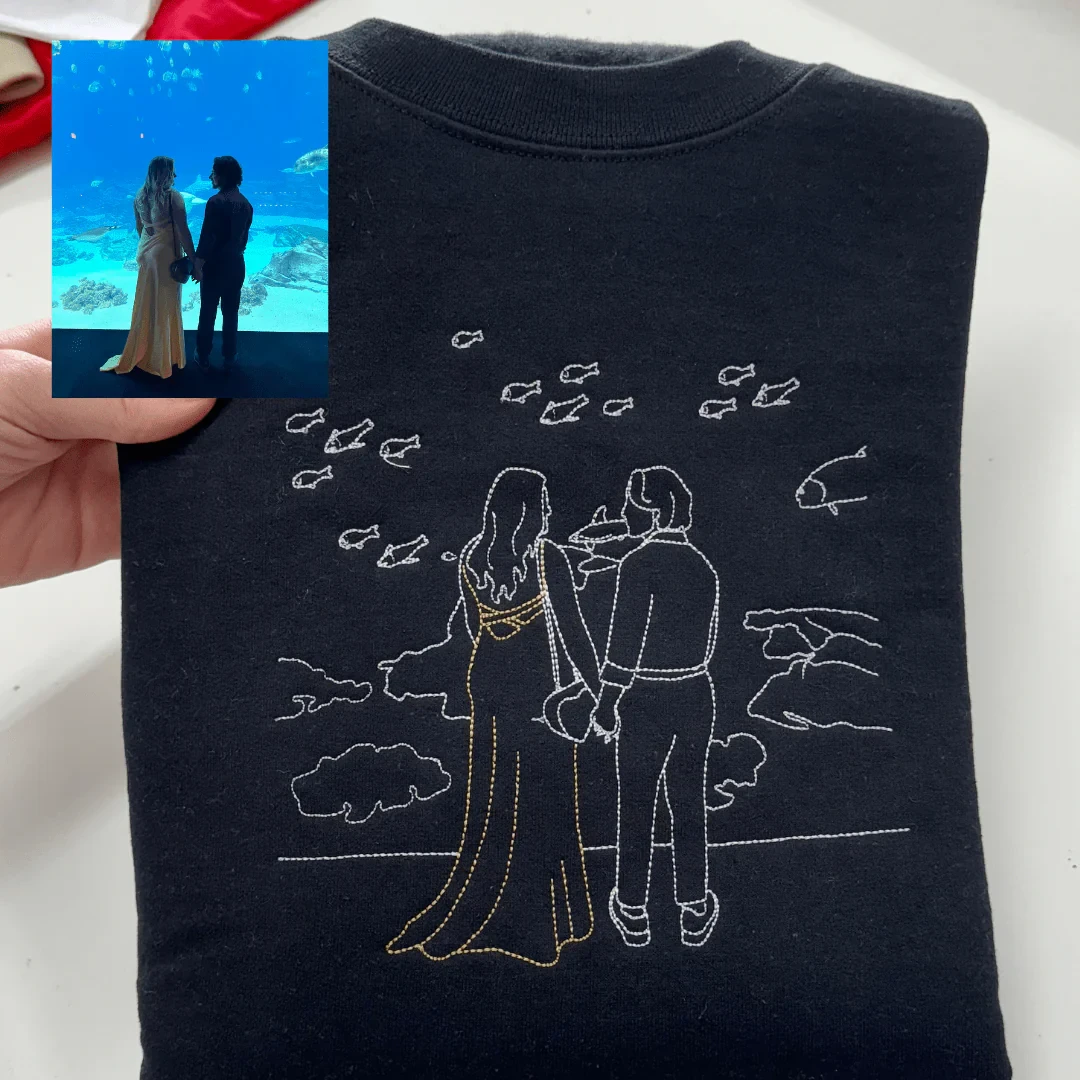 Custom Couple Photos With Background Outline Embroidered Sweatshirt/Hoodie
