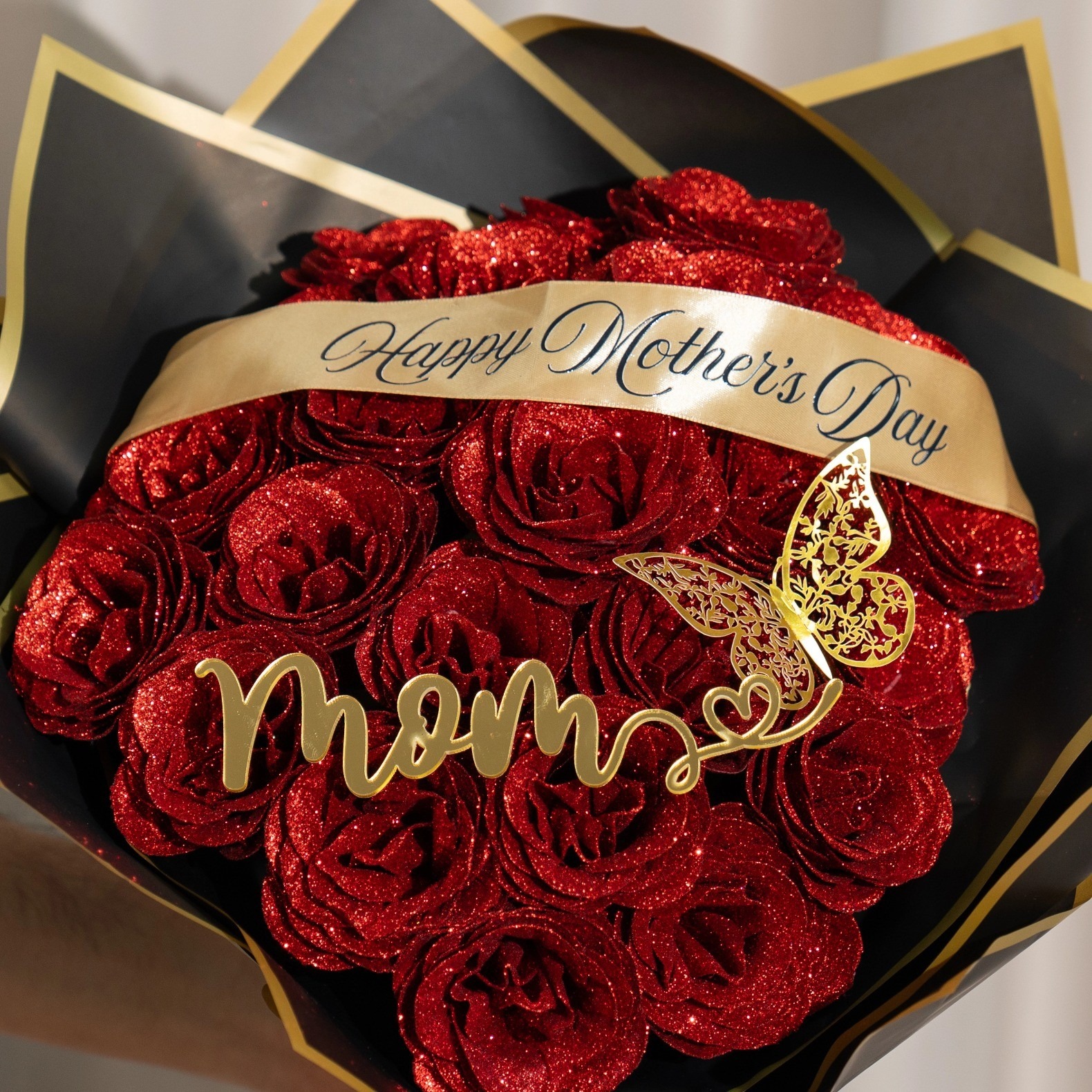Custom Mother's Day Mama Glitter Rose Bouquet Mother's Day Gift of Mom or Grandma Everlasting Rose Bouquet (Never Wither)