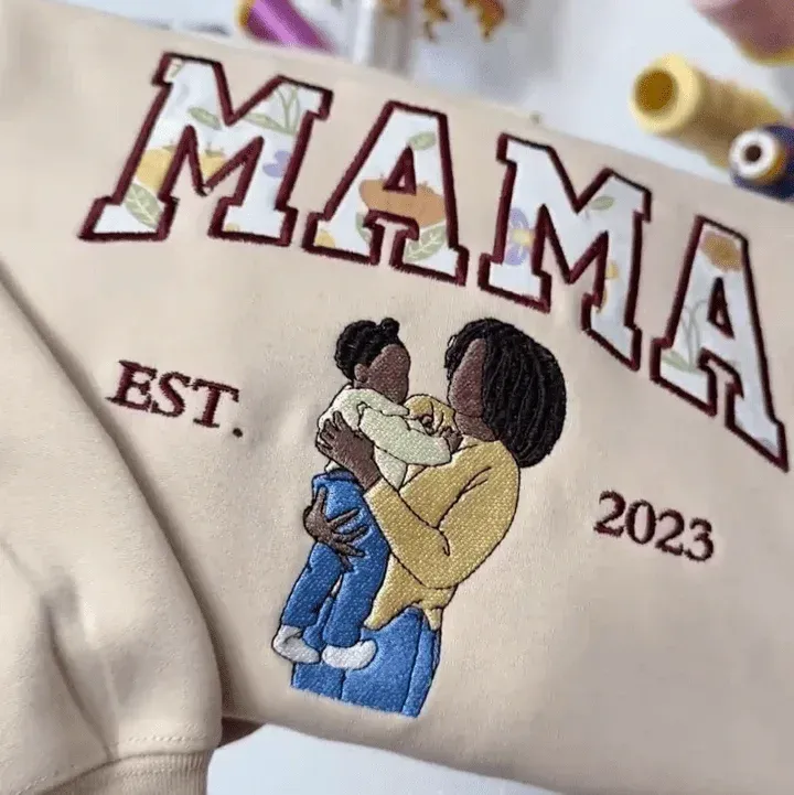 Mama Sweatshirt Floral Embroidered Portrait Custom Sleeve Name Mothers Day Gift for Mom