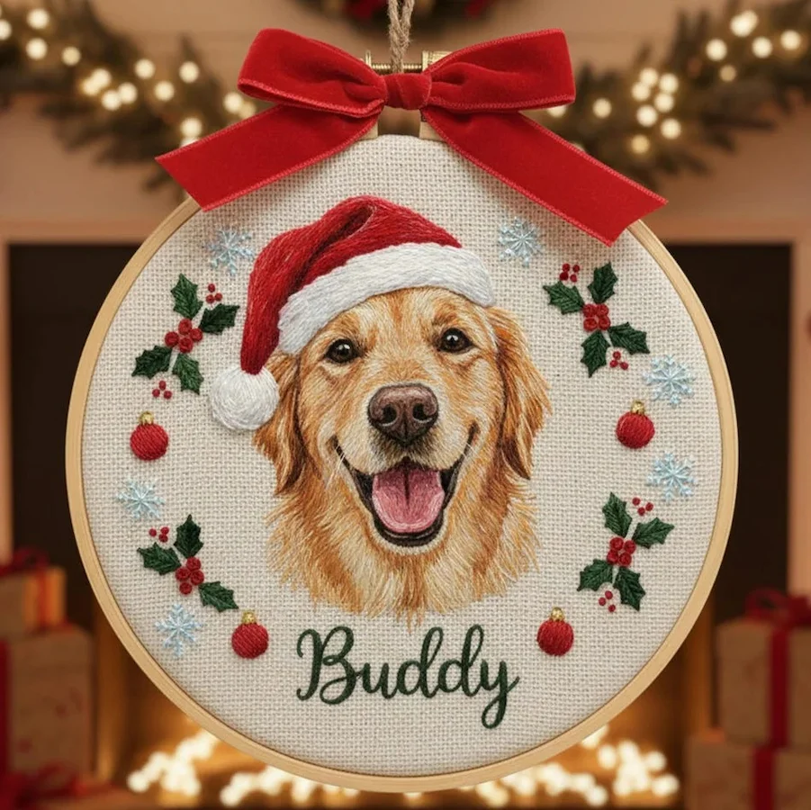 Custom Embroidered Dog Face Portrait Christmas Ornament Keepsake Gift For Dog Cat Owners Pet Lovers