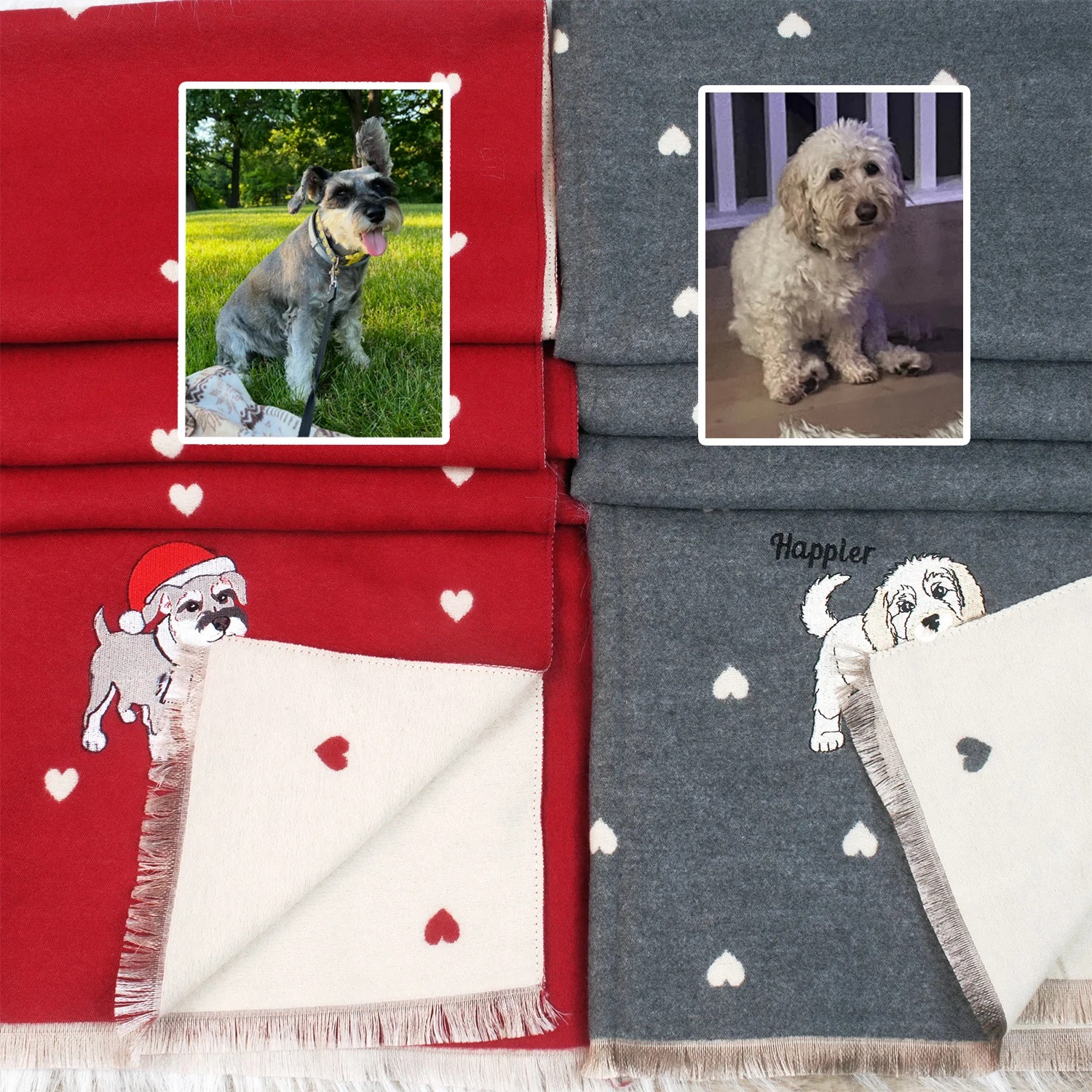 Custom Pet Bite-the-Corner Embroidered Scarf – Personalized Christmas Heart Pattern Scarf